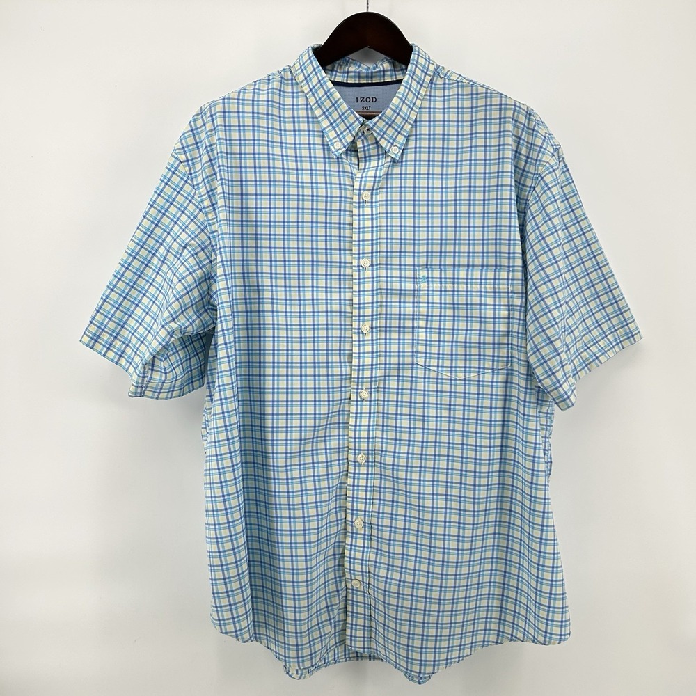 IZOD Shirt Mens 2XLT Tall Blue Yellow Plaid Short Sleeve Dadcore Coastal Prep